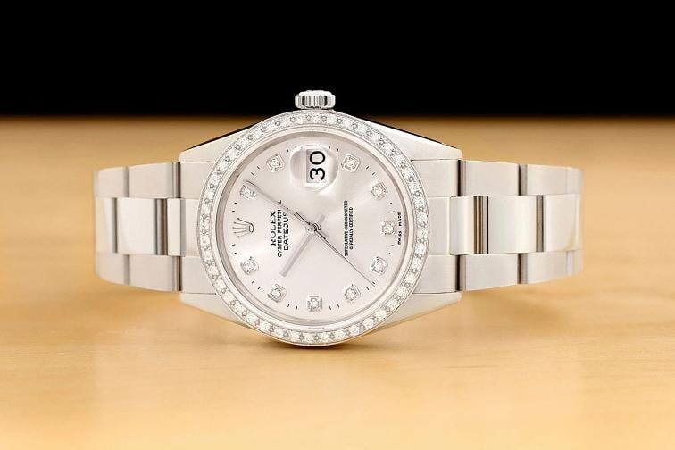 MENS ROLEX DATEJUST 16014 SILVER DIAMOND 18K WHITE GOLD STAINLESS STEEL WATCH - 3