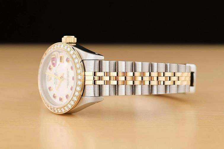 ROLEX LADIES DATEJUST 69173 MOTHER OF PEARL RUBY DIAMOND 18K GOLD STEEL WATCH - 4