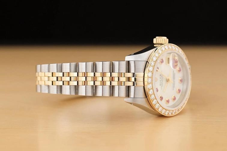 ROLEX LADIES DATEJUST 69173 MOTHER OF PEARL RUBY DIAMOND 18K GOLD STEEL WATCH - 7