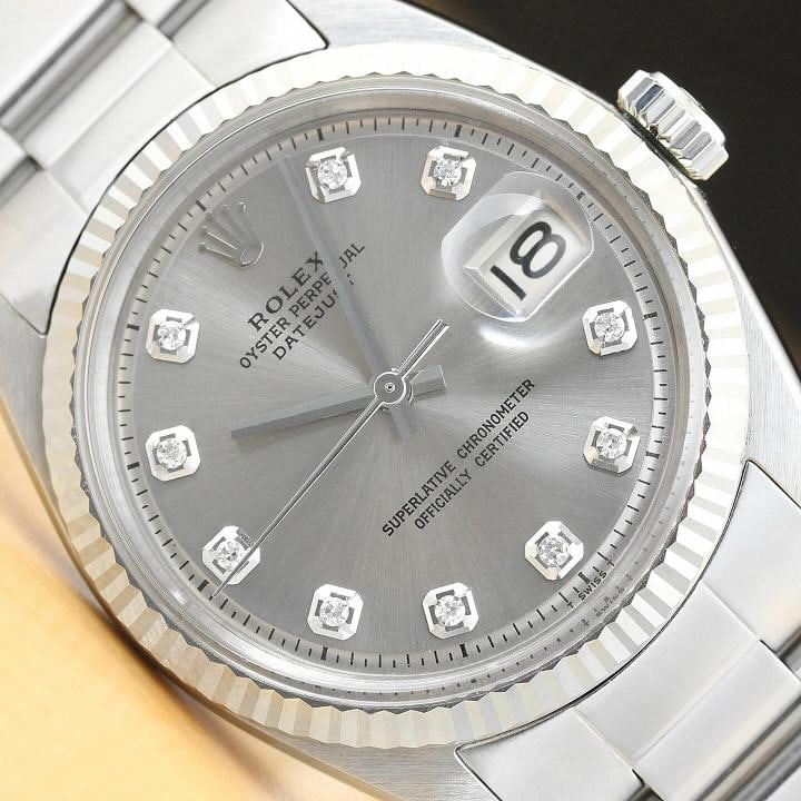 MENS ROLEX DATEJUST GRAY DIAMOND 18K WHITE GOLD/SS STEEL WATCH w/OYSTER BAND: Condition: Pre-owned - Excellent,Bezel Color: Silver,Max Wrist Size: 7.26-7.5 in,Number of Jewels: 26 Jewels,Indices: Diamond Hour Marks, 12-Hour Dial, Multiple Hands,Bezel: Rolex 18K White Gold Flute