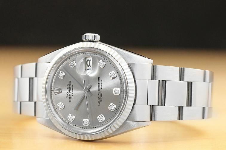 MENS ROLEX DATEJUST GRAY DIAMOND 18K WHITE GOLD/SS STEEL WATCH w/OYSTER BAND - 2