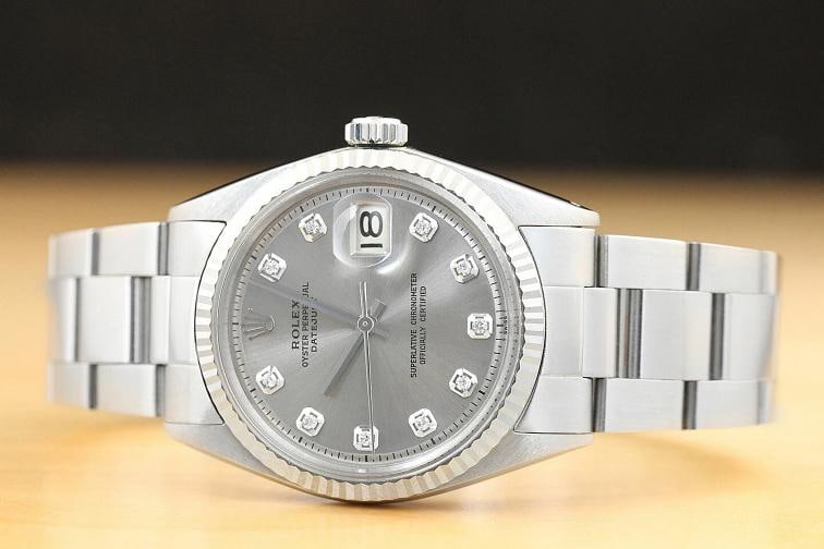 MENS ROLEX DATEJUST GRAY DIAMOND 18K WHITE GOLD/SS STEEL WATCH w/OYSTER BAND - 3
