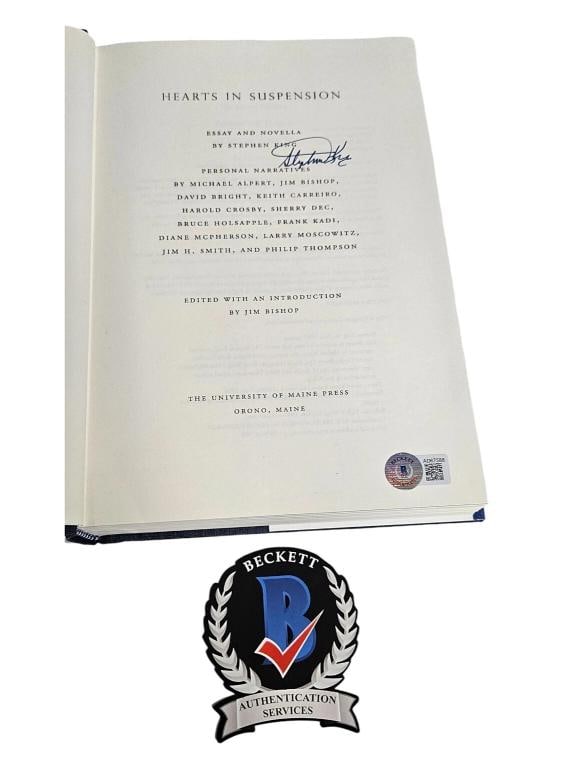 STEPHEN KING SIGNED HEARTS IN SUSPENSION HARDCOVER BOOK BECKETT BAS COA: Signed by: STEPHEN KING,Autograph Authentication: Beckett,Object Type: Book,Original/Reproduction: Original,Country of Origin: United States
