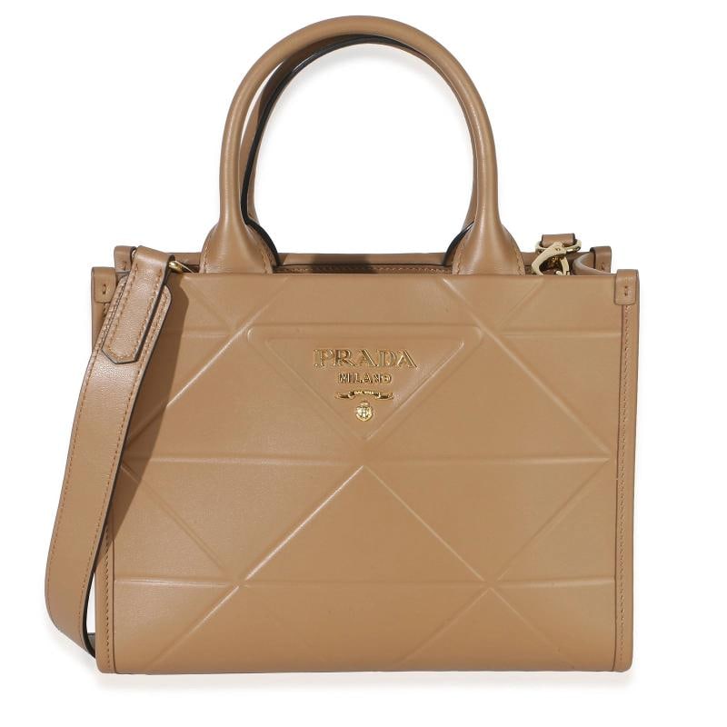Prada Dark Beige Soft Calfskin Triangolo Symbole Mini Tote: Condition: Pre-owned - Good,Dimensions: 9.25 x 7 x 3.25,Handbag Accessories: None,Bag Width: 9.25 in,Bag Depth: 3.25 in,Bag Height: 7 in,Department: Unisex,Style: Tote,Material: Leather,Color: