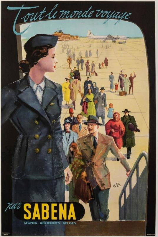 Original Aviation Poster - Travel the World - Sabena - Belgium - Airport - 1950: Condition: Used,Features: Signed,Width (Inches): 25.7,Listed By: Dealer or Reseller,Subject: Travel,Size: Medium (up to 36in.),Height (Inches): 39.1,Date of Creation: 1950-1969,Artist: C Pub,Year of