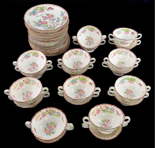 15 Antique English Porcelain Minton Bird Flower Pattern Bouillon Cups & Saucers: Type: Dessert Bowl,Color: Multi-Color,Original/Reproduction: Antique Original,Country of Origin: United Kingdom Sweet and savory! Presented is a set of 20 porcelain, fine china bouillon (or fruit or
