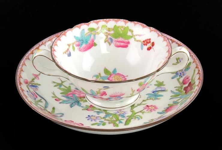 15 Antique English Porcelain Minton Bird Flower Pattern Bouillon Cups & Saucers - 2