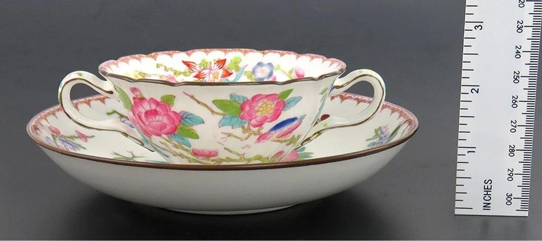 15 Antique English Porcelain Minton Bird Flower Pattern Bouillon Cups & Saucers - 5