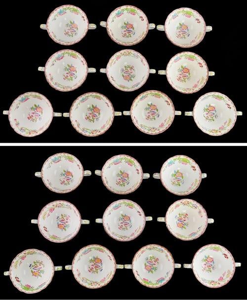 15 Antique English Porcelain Minton Bird Flower Pattern Bouillon Cups & Saucers - 7