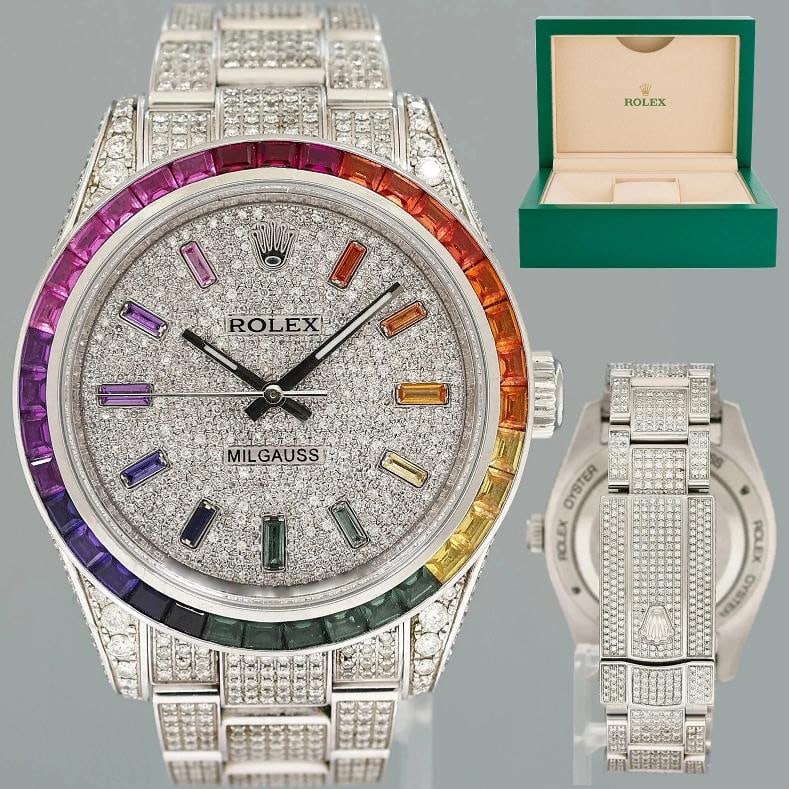 MINT Rolex Milgauss Diamond Iced Out Pave Sapphire 116400 Steel Watch Box: Condition: Pre-owned - Excellent,Brand: Rolex,Department: Unisex Adults,Type: Wristwatch,Model: Milgauss,Reference Number: 116400,With Original Box/Packaging: Yes,With Papers: No,Customized: Yes,UPC: