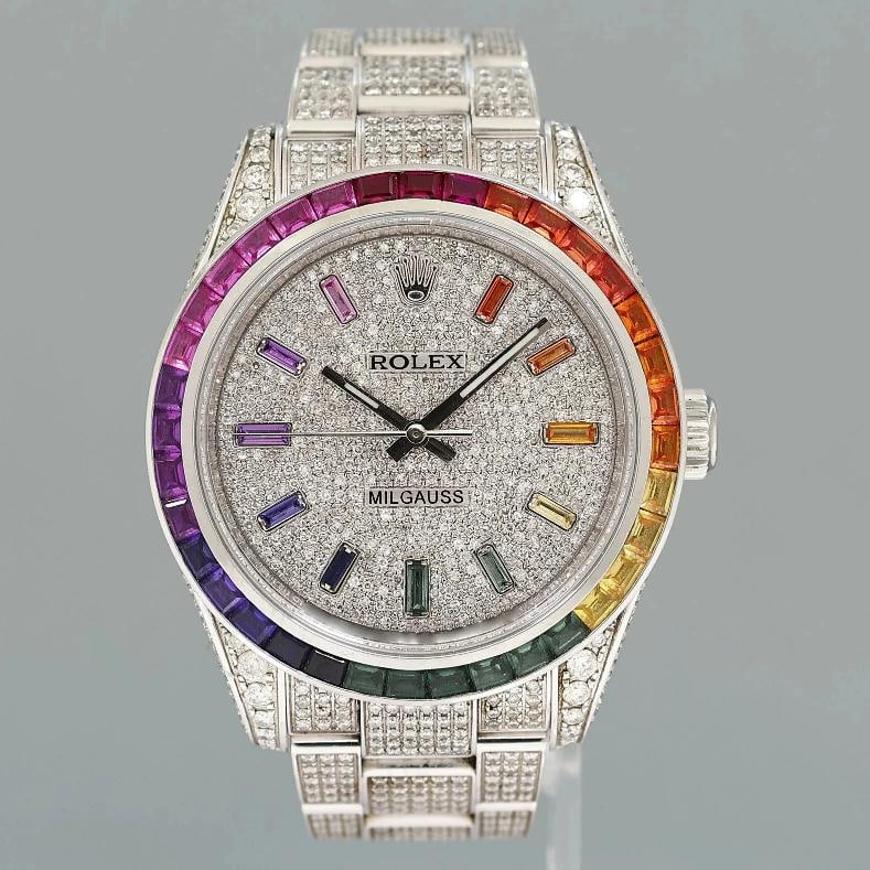 MINT Rolex Milgauss Diamond Iced Out Pave Sapphire 116400 Steel Watch Box - 2