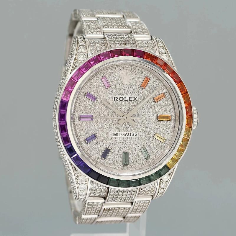 MINT Rolex Milgauss Diamond Iced Out Pave Sapphire 116400 Steel Watch Box - 3