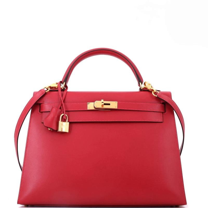 Hermes Kelly Handbag Red Tadelakt with Gold Hardware 32: Condition: Pre-owned - Excellent,Brand: Hermes,Exterior Material: Leather,Style: Top Handle,Exterior Color: Red,Department: Women,Size: 32,Accessories: Clochette, Dust Bag, Lock, Keys, With Strap