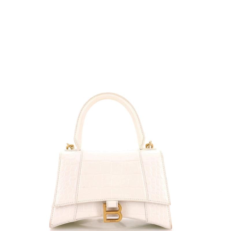 Balenciaga Hourglass Top Handle Bag Crocodile Embossed Leather Small: Accessories: Dust Bag, With Strap Measurements: Handle Drop 4", Height 6", Width 8.5", Depth 4", Strap Drop 10". Condition: Pre-owned - Good,Brand: Balenciaga,Exterior Material: Leather,Style: Cross