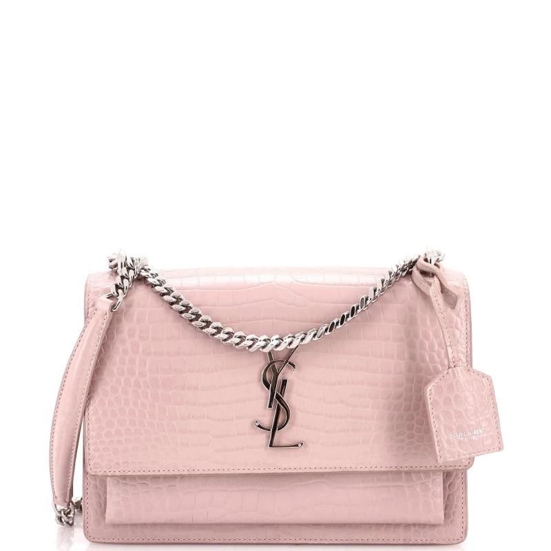 Saint Laurent Sunset Crossbody Bag Crocodile Embossed Leather Medium: Accessories: Clochette Measurements: Handle Drop 11.5", Height 6", Width 8.5", Depth 3", Strap Drop 12-20.5". Condition: Pre-owned - Excellent,Brand: Saint Laurent,Exterior Material: Leather,Style: