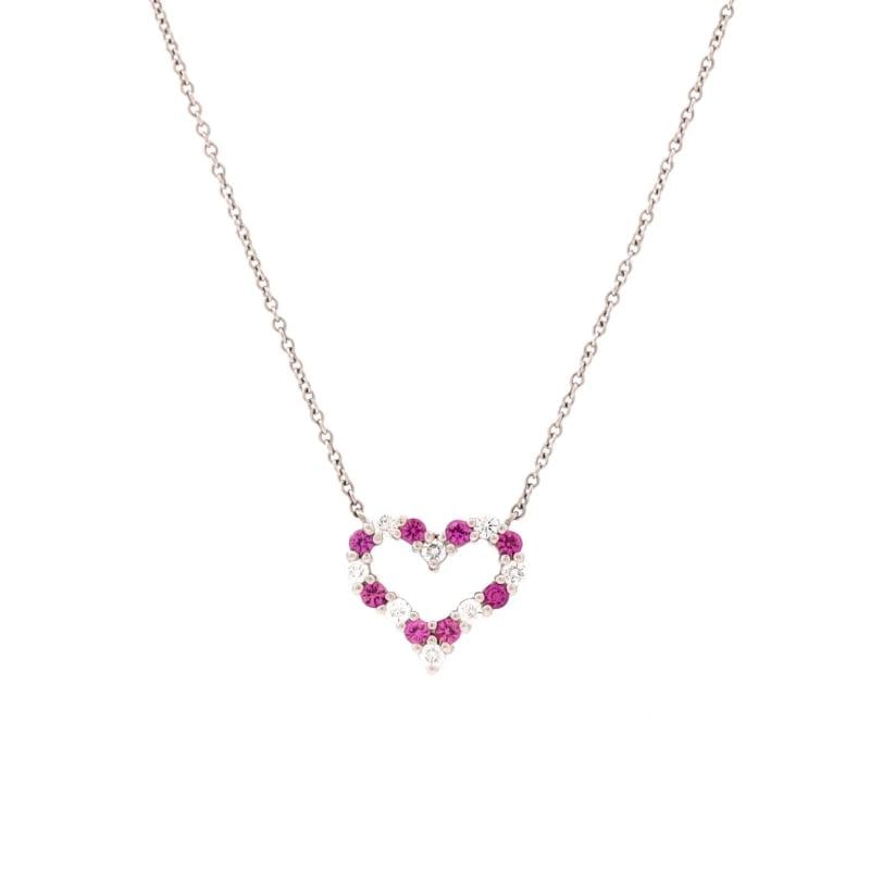 Tiffany & Co. Heart Pendant Necklace Platinum with Diamonds and Pink Sapphires: Measurements: Length: 16 ", Pendant Length: 11.30 mm, Pendant Width: 12.40 mm . Condition: Pre-owned - Good,Brand: Tiffany & Co.,Main Stone: Sapphire, Pink,Metal: Platinum (Pt950),Metal Purity: Unknow
