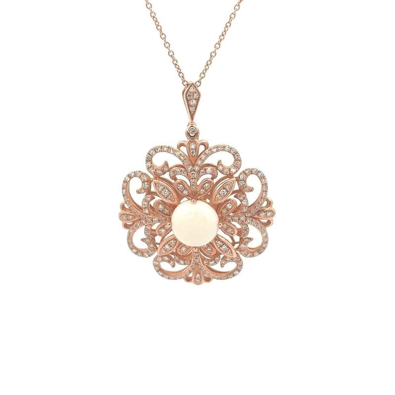 Vintage Effy Jewelry Diamond and Opal Necklace In 14K Rose Gold: Pendant Dimension: 36.5mm L * 27mm W * 8mm H Natural Diamonds , G-H Color , 1.8CTW Natural Cabochon Opal , 8.2mm*8.2mm*3mm Weight: 6.8gr Chain Lenght:22in. Condition: Pre-owned - Good,Brand: Effy,Pend