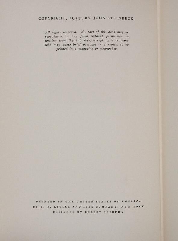 Of Mice and Men ~ by JOHN STEINBECK ~ First Edition ~ 1st Printing 1937 - 8