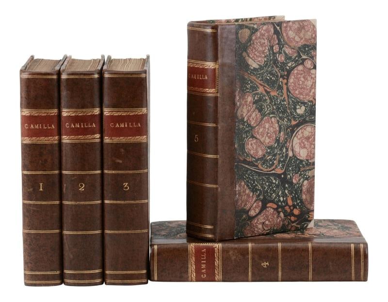 Camilla ~ by FRANCES BURNEY ~ First Edition ~ 1st Printing 1796: First edition, first printing London: Printed for T. Payne, at the Mews-Gate; and T. Cadell Jun. and W. Davies (Successors to Mr. Cadell) in the Strand, 1796. First edition, first printing. Five