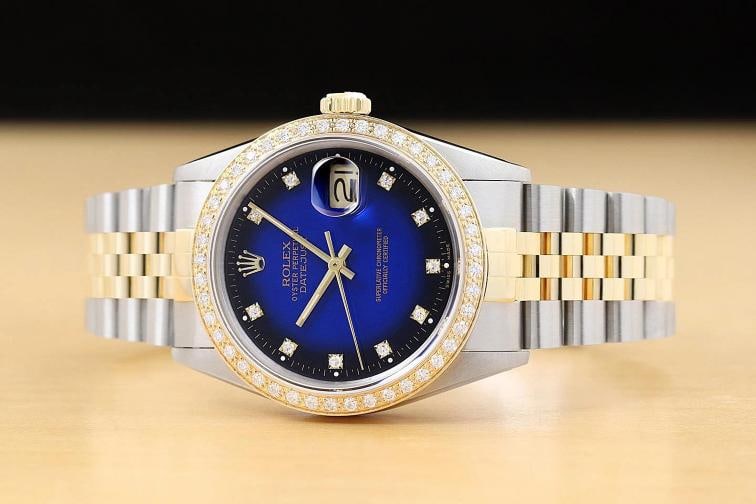 ROLEX DATEJUST 16233 BLUE VIGNETTE FACTORY DIAMOND 18K GOLD STEEL TWO TONE WATCH - 3