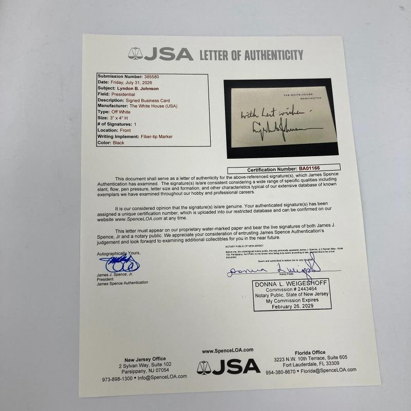 President Lyndon B. Johnson Signed White House Original Card JSA COA - 4