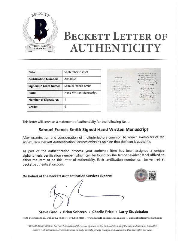 Samuel Francis Smith Signed 8x10 Hand Written Poem (Beckett LOA Auto Grade 9) - 7