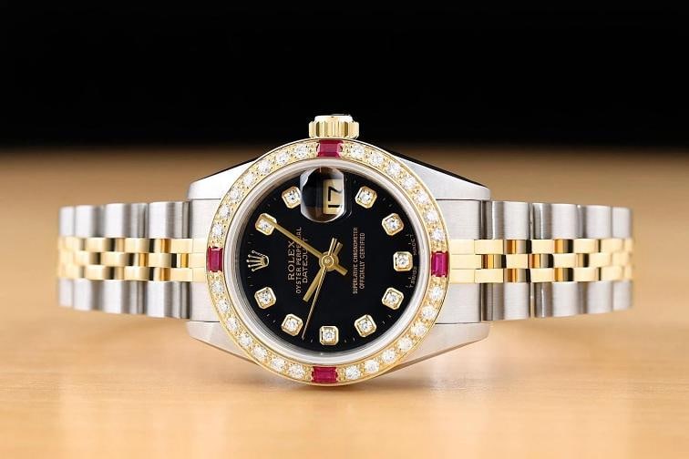 ROLEX LADIES DATEJUST 69173 BLACK FACTORY DIAMOND DIAL 18K GOLD STEEL RUBY WATCH - 3