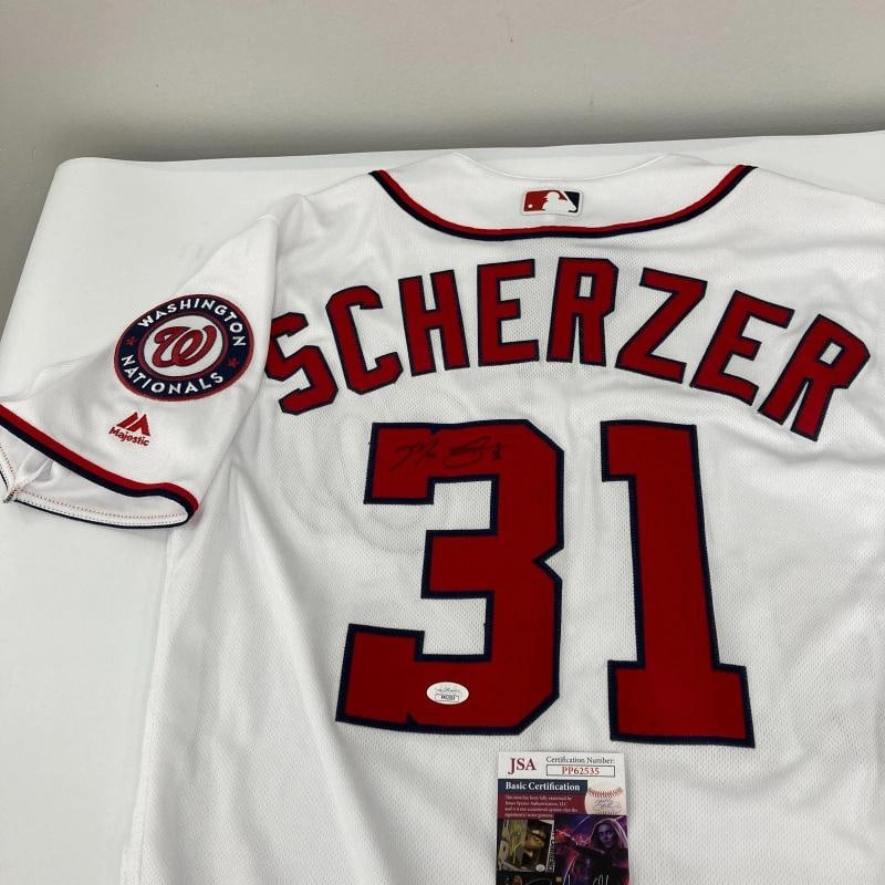 Max Scherzer Signed Authentic Majestic Washington Nationals Jersey JSA COA: Sport: Baseball,Player: Max Scherzer,Signed: Yes,Original/Reprint: Original,Autograph Authentication: Professional Sports Authenticator (PSA),Product: Jersey,Team: Washington Nationals,Country of Orig