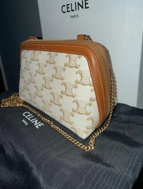 Celine Mini Triomphe Canvas Clutch on Chain White & Tan - 3