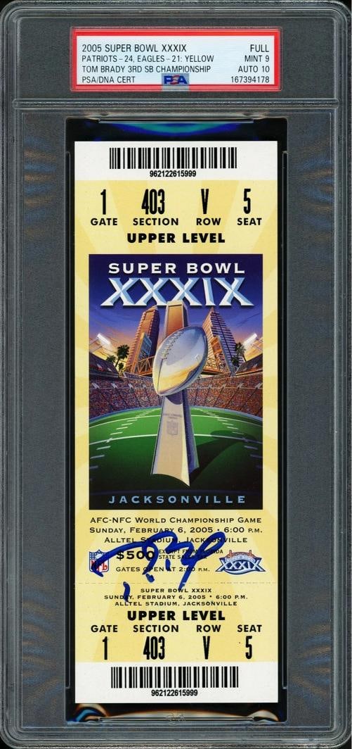 Tom Brady Signed 2005 SB XXXIX Full Ticket New England Patriots PSA9 Auto 10: Sport: Football,Product: Ticket,Object Type: Ticket,Player: Tom Brady,Team: New England Patriots,Signed By: Tom Brady,Autographed: Yes,Signed: Yes,Autograph Authentication: Professional Sports