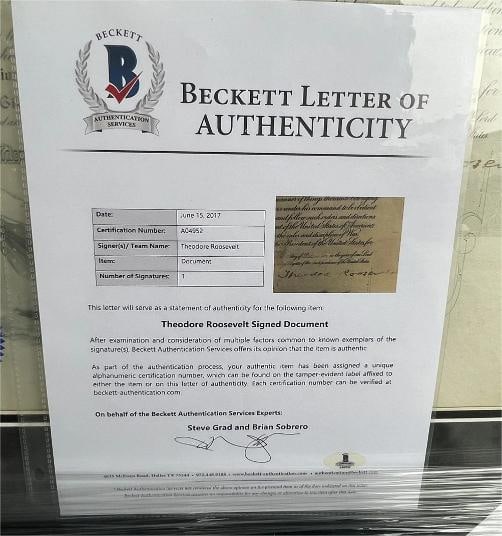 Theodore Roosevelt Autographed Framed Document 26th U.S. President (Beckett LOA) - 6