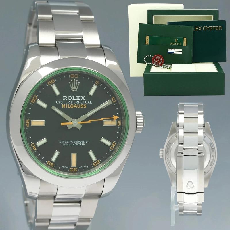 MINT PAPERS Rolex Milgauss Green Anniversary Orange Black 116400GV Steel Watch: Condition: Pre-owned - Excellent,Brand: Rolex,Department: Unisex Adults,Type: Wristwatch,Model: Milgauss,Reference Number: 116400GV,With Original Box/Packaging: Yes,With Papers: Original,Customized: