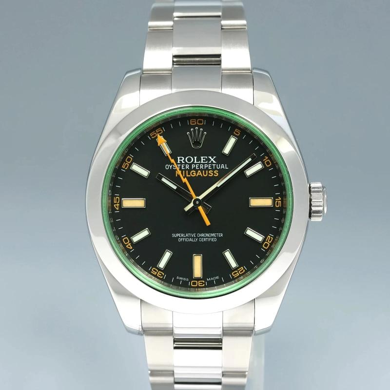 MINT PAPERS Rolex Milgauss Green Anniversary Orange Black 116400GV Steel Watch - 2