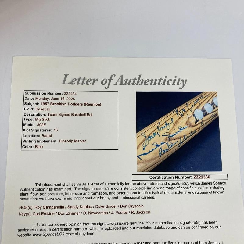 1957 Brooklyn Dodgers Team Signed Bat Sandy Koufax Roy Campanella JSA COA - 12