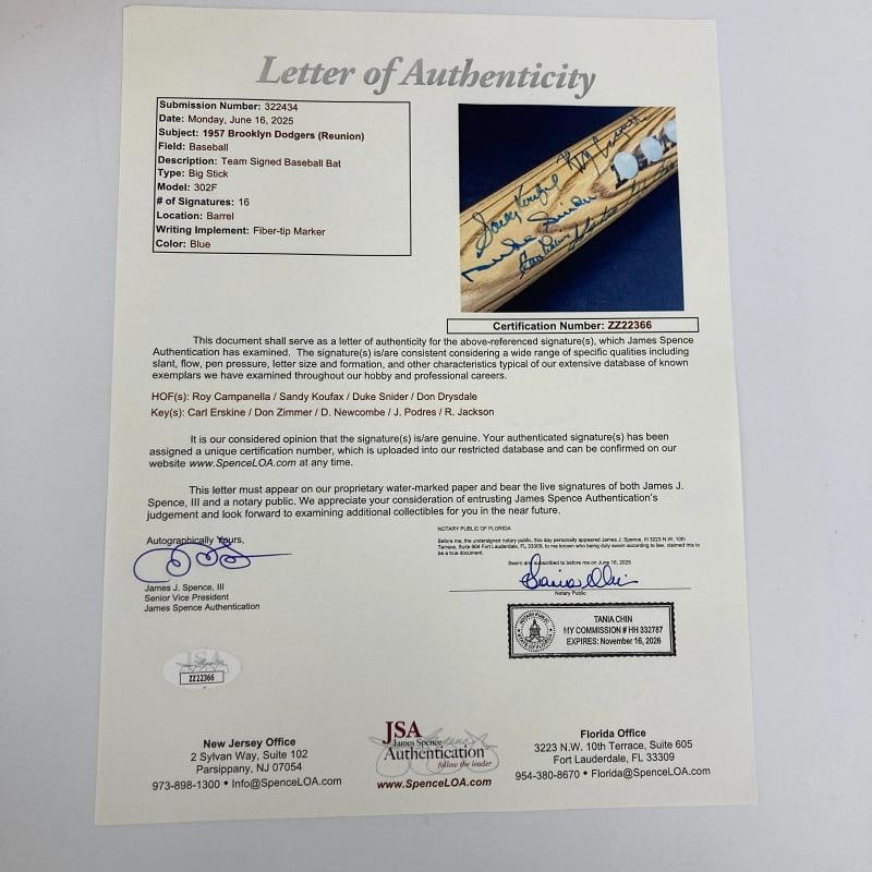 1957 Brooklyn Dodgers Team Signed Bat Sandy Koufax Roy Campanella JSA COA - 2