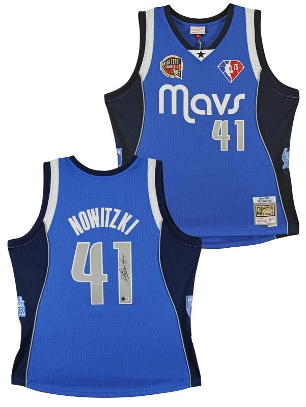 Dirk Nowitzki Signed Mavs Blue M&N HOF Class of 2023 TB HWC Swingman Jersey Beckett: Player: Dirk Nowitzki,Product: Jersey,Original/Reprint: Original,Autograph Authentication: Beckett,Team: Dallas Mavericks,PRODUCT_COA: Beckett,PRODUCT_SIGNED_BY_NAME: Dirk Nowitzki,PRODUCT_SIGNED_BY_B