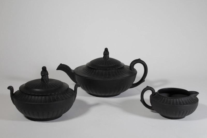 19TH CENTURY WEDGWOOD BLACK BASSALT TEA SET: Measurements- ht dia tea pot 4" 5 1/4" sugar 3 1/2" 4 1/4" creamer 1 1/2" 3 1/4" . Condition: Used,Brand: Wedgwood,Type: Tea Set,Color: Black,Material: Porcelain,Set Includes: Creamer, Sugar Bowl,Time
