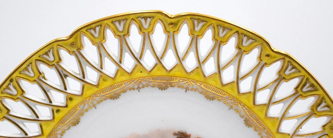 Set of 6 Dresden Yellow Hand Painted Pierced Cabinet Plates, Circa 1900 - 10