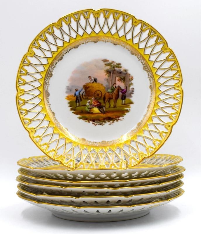 Set of 6 Dresden Yellow Hand Painted Pierced Cabinet Plates, Circa 1900: Measures 8 7/8" diameter by 1" deep. . Condition: Used,Brand: Dresden,Antique: Yes,Type: Plate,Style: Victorian,Features: Hand Painted,Set Includes: Plate,Material: Porcelain,Backstamp: Painted,Countr