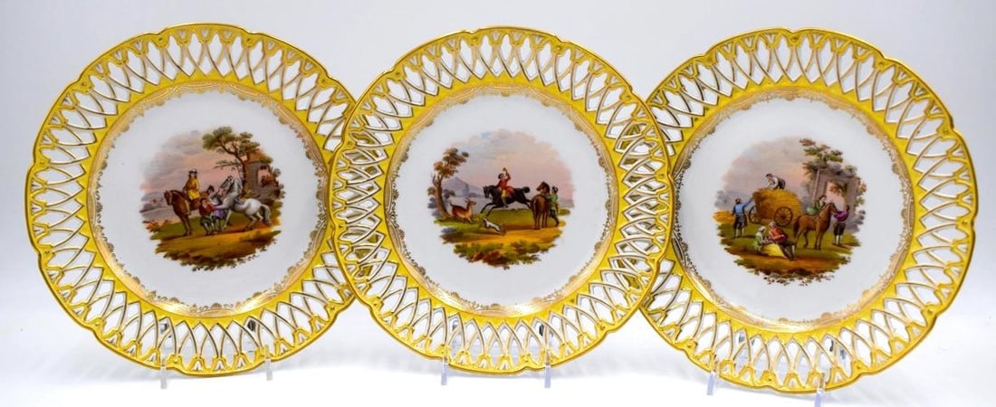 Set of 6 Dresden Yellow Hand Painted Pierced Cabinet Plates, Circa 1900 - 2