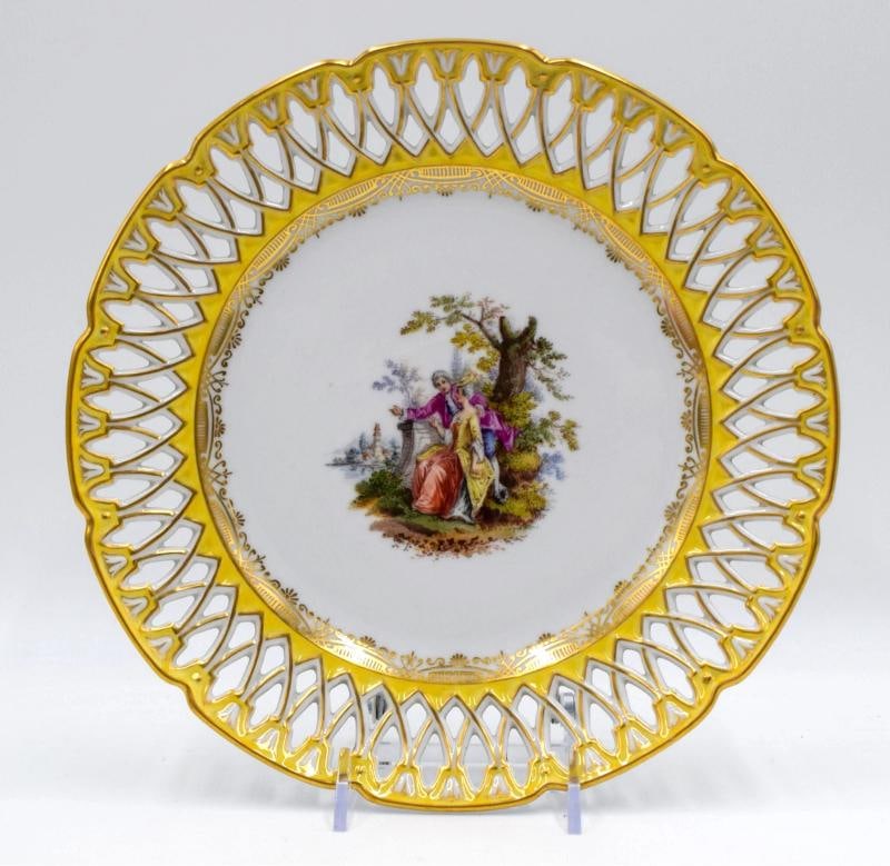 Set of 6 Dresden Yellow Hand Painted Pierced Cabinet Plates, Circa 1900 - 5