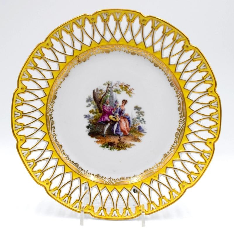 Set of 6 Dresden Yellow Hand Painted Pierced Cabinet Plates, Circa 1900 - 6