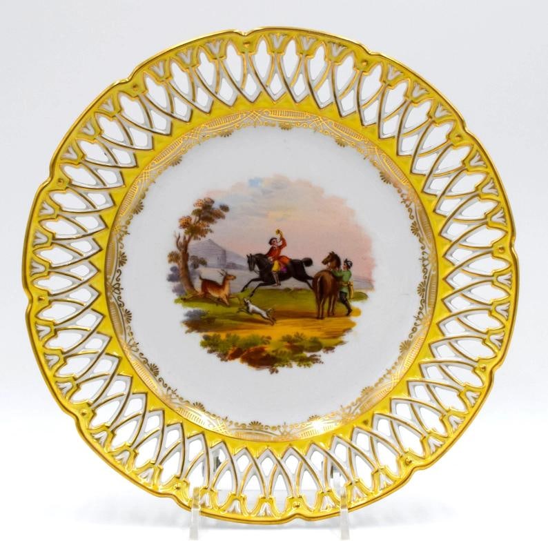 Set of 6 Dresden Yellow Hand Painted Pierced Cabinet Plates, Circa 1900 - 8