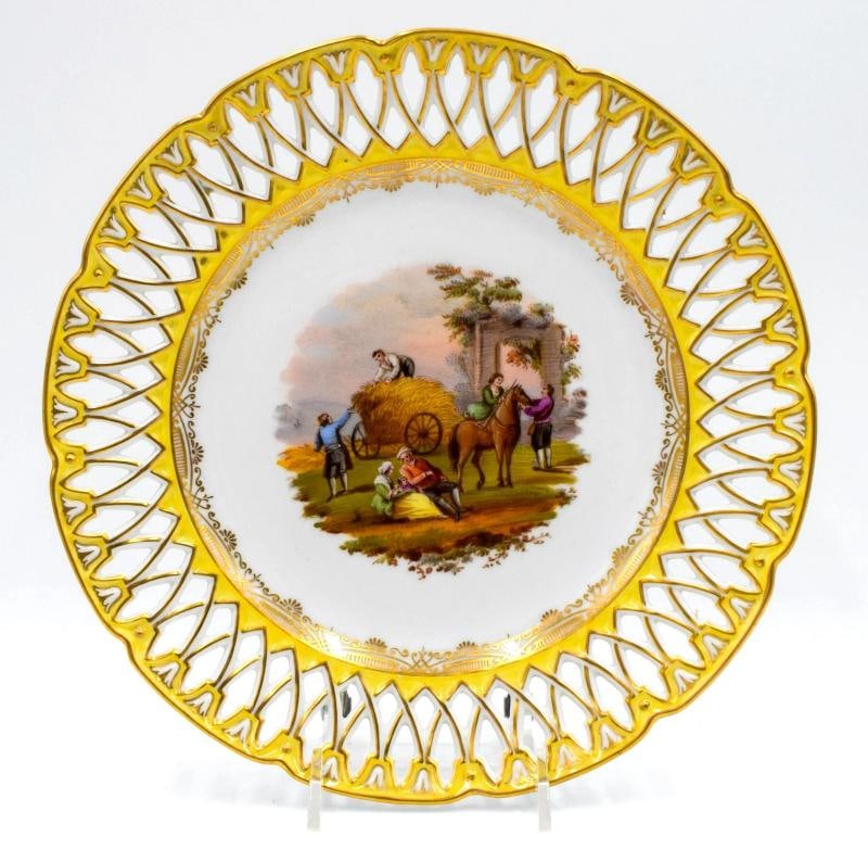 Set of 6 Dresden Yellow Hand Painted Pierced Cabinet Plates, Circa 1900 - 9