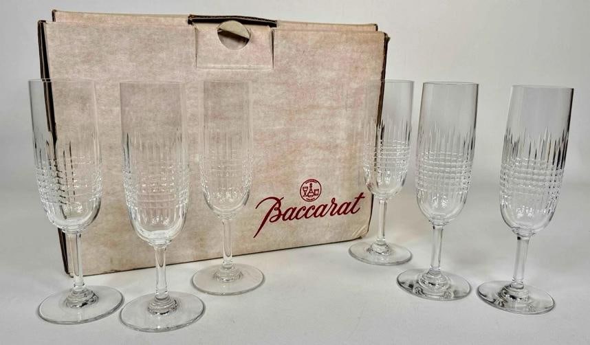 NOS NEW! Baccarat French Cut Crystal Nancy Champagne Flute Set of 6 In Box 1980s: Height: 6-3/4" each . Condition: New other (see details),Brand: Baccarat,Color: Clear,Type: Champagne Flute,Country of Origin: France