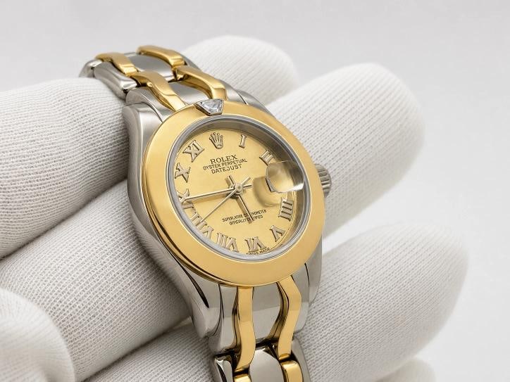 Rolex Datejust Pearlmaster 69329 29mm Champagne Roman Dial 18k Double Gold Box - 6