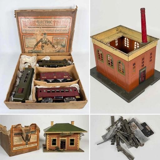 Antique Lionel Pre War O Gauge Lot 4 Trains Cars Power Station City Station +Box: early Lionel railroad accessories with plenty of authentic age and character. The passenger cars and accessories exhibit the wear, patina, surface oxidation, paint loss, scratches, and other imperfect