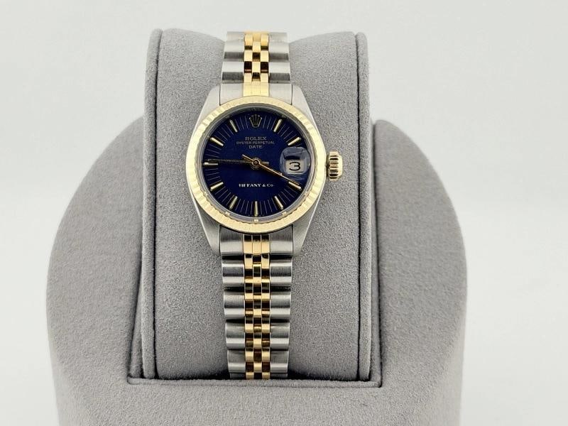 Rolex Ladies Date 6917 26mm Blue Tiffany & Co Stamped Dial 18k Yellow Gold Steel - 2