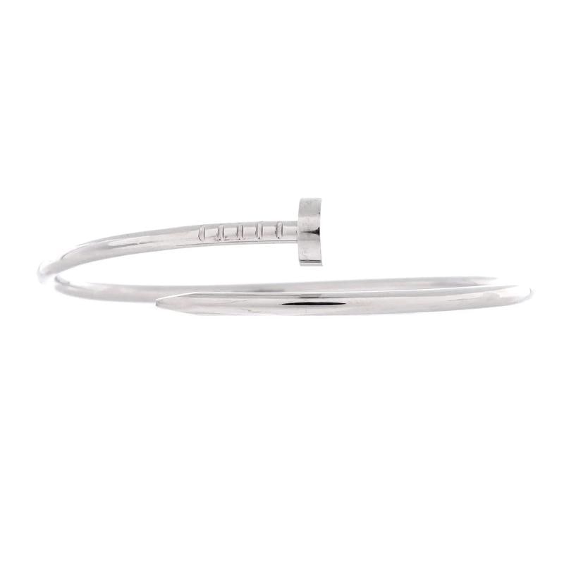 Cartier Juste un Clou Bracelet 18K White Gold Small: Measurements: Circumference: 5.80 ", Width: 2.50 mm . Condition: Pre-owned - Good,Brand: Cartier,Main Stone: Unknown,Metal: 18K White Gold,Metal Purity: 18K,Style: Bracelet,Type: Bracelet,Color: White