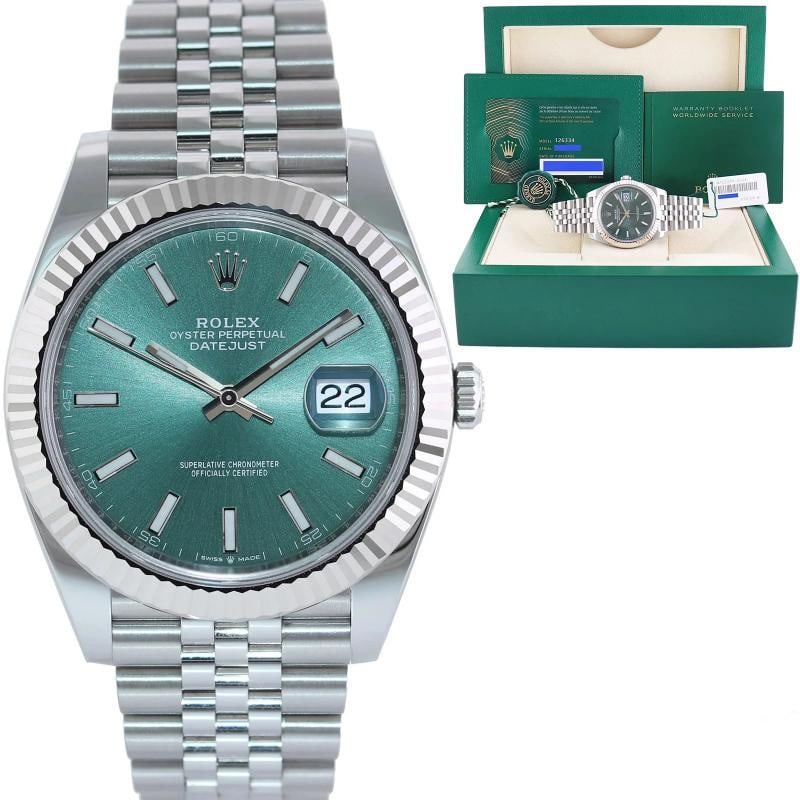 2024 NEW PAPERS Rolex 126334 DateJust 41 Mint Green Jubilee Fluted Watch Box: Case & Dial Case Material: Rolex Stainless Steel Case Size: 41mm Bezel: Rolex White Gold Fluted Crystal: Rolex Sapphire Dial: Rolex Green Movement & Bracelet Movement: Rolex Automatic Bracelet